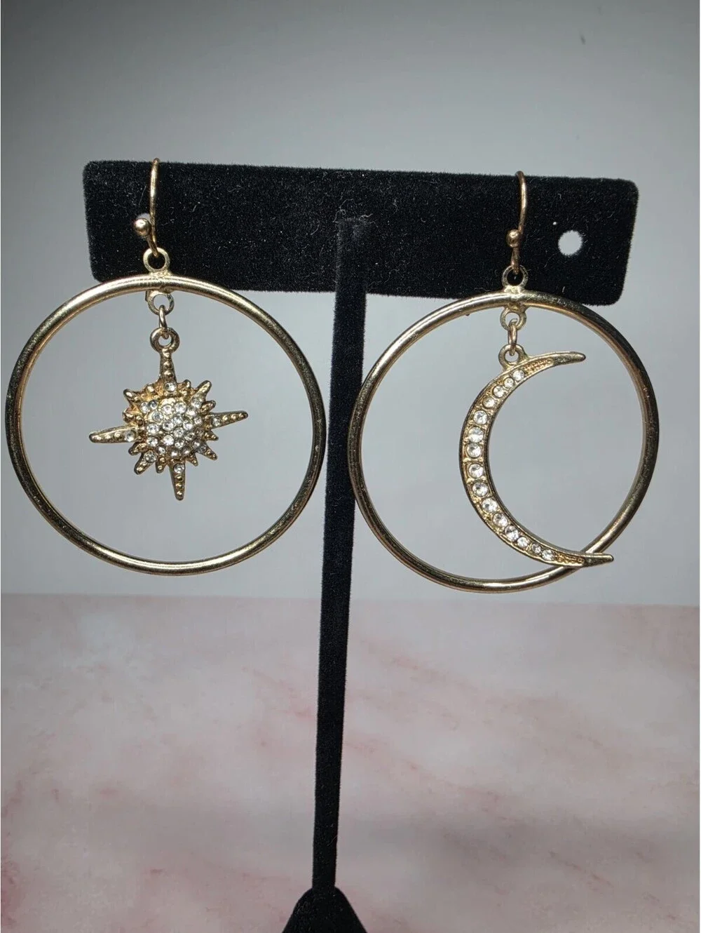 Celestial Gold Hoop Earrings Sunburst Star & Crescent Moon Rhinestone